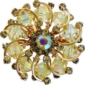 Vintage Mid Century Aurora Borealis Rhinestone Gold Tone Layered Brooch 50s 60s